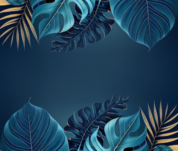 Collection of tropical leaves foliage plant in blue color with empty space background Abstract leaf