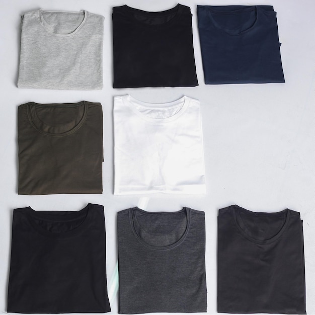 Photo collection of tshirts isolated on white background flat lay tees template