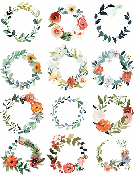 A collection of twelve unique watercolor floral wreaths perfect for wedding invitations festivals and other celebratory events Generative AI