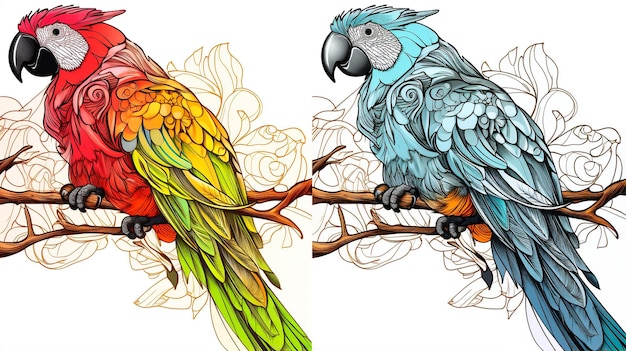 Collection of two stylized macaw ara parrots