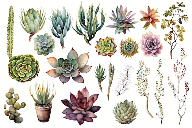 A collection of unique and different watercolor succulent plants on a white background