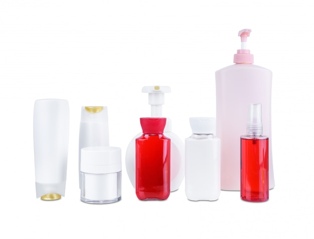 Collection of various beauty cosmetic hygiene containers plastic bottle with body moisturising