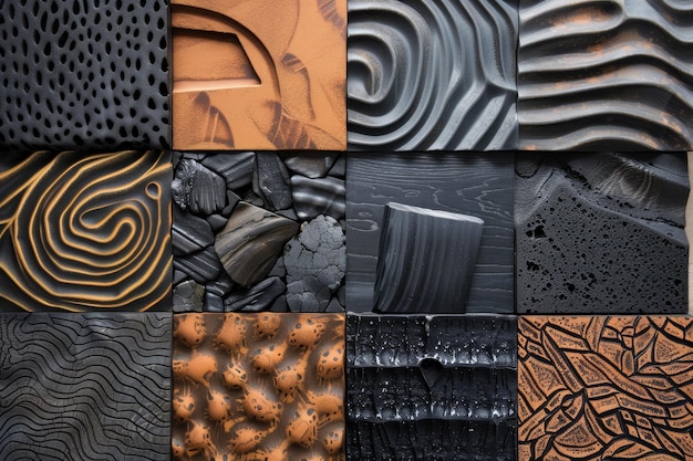 Photo collection of various black and brown artworks showcasing different shapes and patterns experiment with different shapes and patterns to mimic the appearance of grain in nature