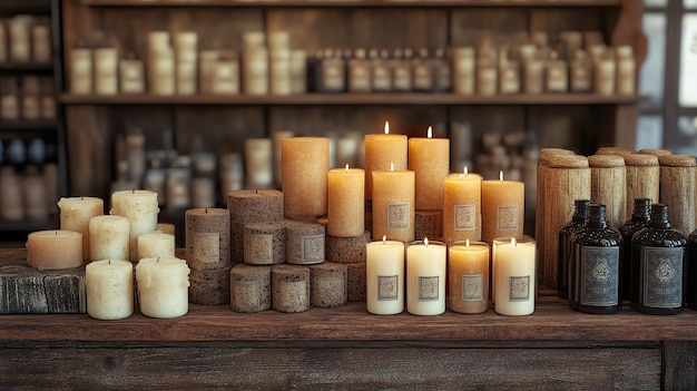 Photo a collection of various candles displayed on a rustic wooden shelf showcasing softness and warm ambiance