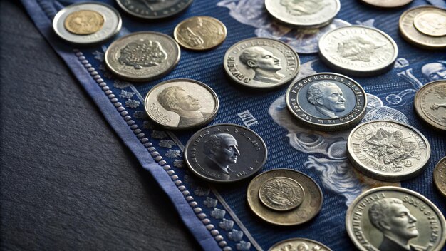 Photo a collection of various coins arranged on a blue and white patterned fabric