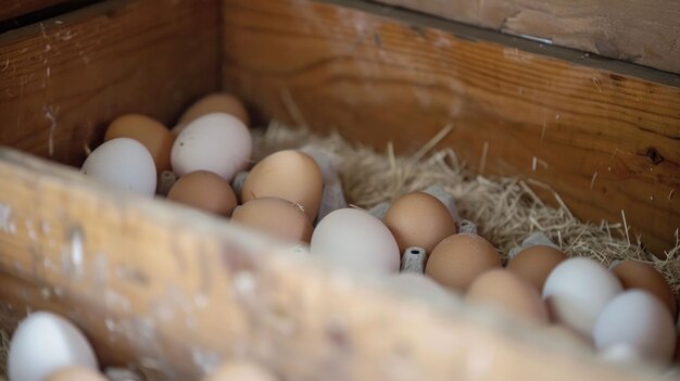 Photo a collection of various eggs in a wooden crate surrounded by straw showcasing their natural colors and textures