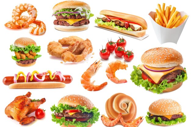 Collection of various fast food items on white background