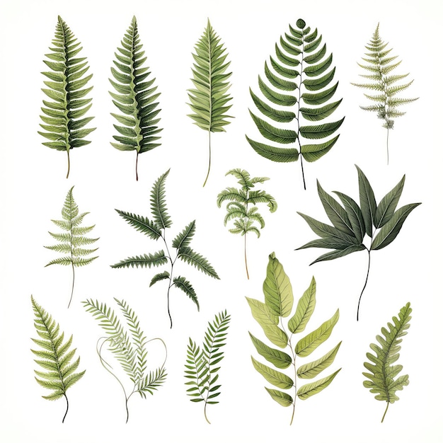 Photo collection of various fern leaves isolated on a white background showcasing different shapes and textures in green foliage