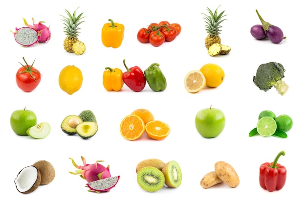 Collection of various fresh fruits and vegetables isolated on white background