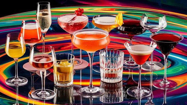 Collection of various glasses and drinks on color background