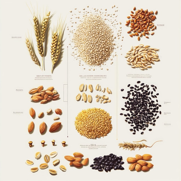 Photo a collection of various grains and seeds including quinoa oats wheat almonds sesame and sunflower seeds