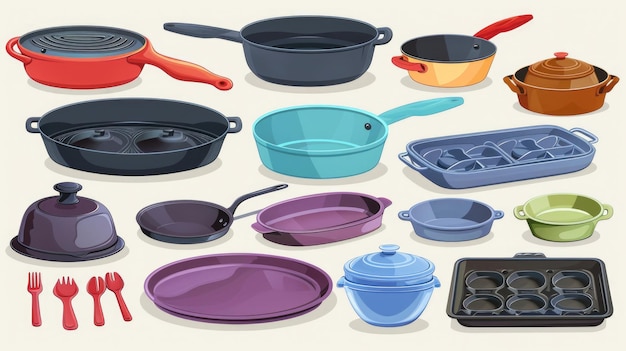 Collection of various kitchen utensils and cookware including spatula