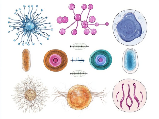 Photo a collection of various microscopic and cellular structures