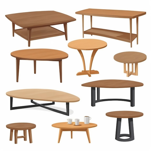 A collection of various tables including one with a red top