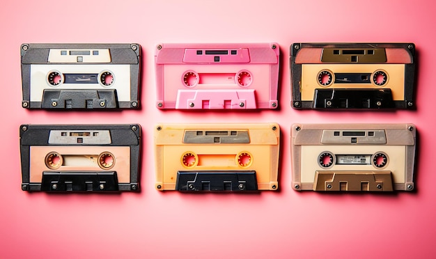 Photo collection of various vintage audio cassettes retro styled background the nineties mixed tape