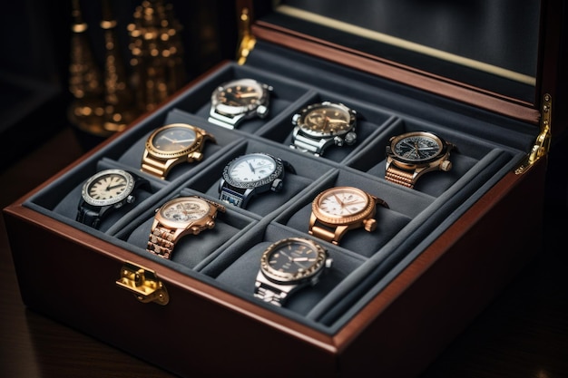 A Collection of Various Watches in a Wooden Box