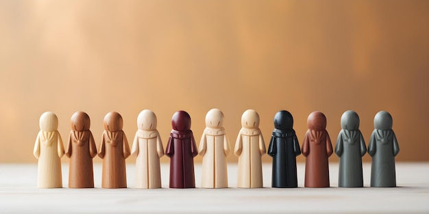 Collection of various wooden figurines in a row depicting diversity and unity Concept Diversity Unity Wooden Figurines Inclusion Collection