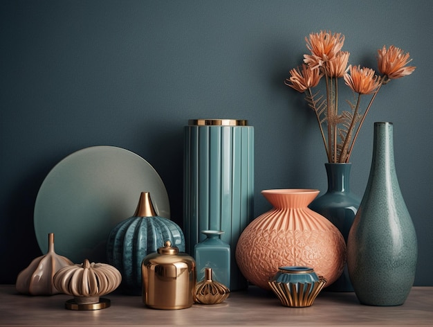 A collection of vases and vases are on a table with a blue wall behind them.