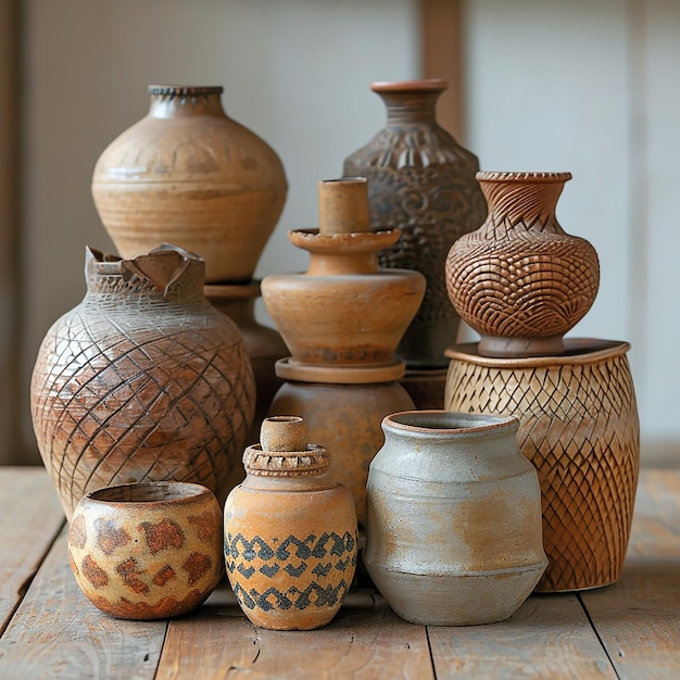 Photo a collection of vases and vases are on a table