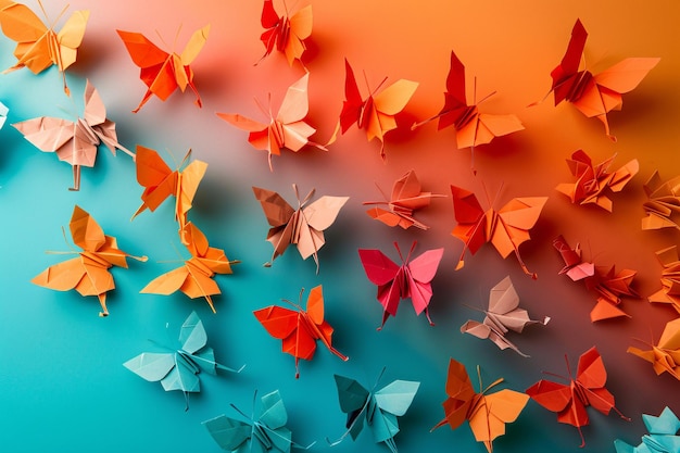 Collection of vibrant origami butterflies showcased against a dualtone gradient backdrop