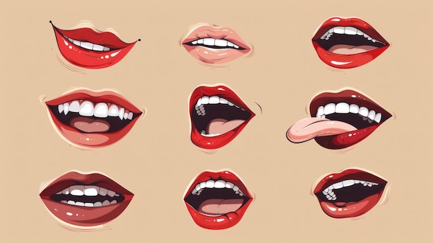 Photo collection of vibrant red lips expressing various emotions and actions on a soft beige background