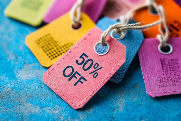 A collection of vibrant sale tags highlighting a fifty percent discount creatively arranged against a blue backdrop ideal for promotional displays