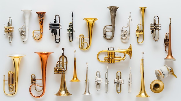 Collection of vintage brass instruments including trumpets trombones and flugelhorns arranged on a white background