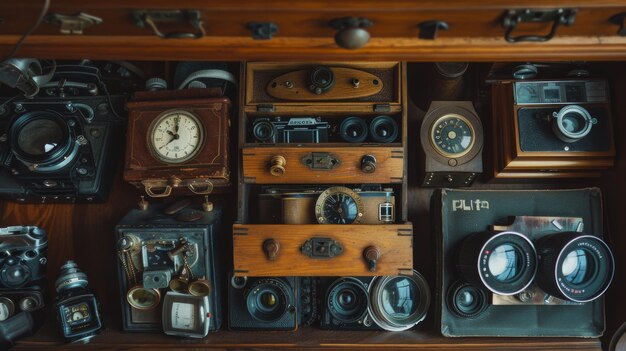 Photo a collection of vintage cameras and antique items artistically organized in a wooden drawer showcasing historical photographic equipment