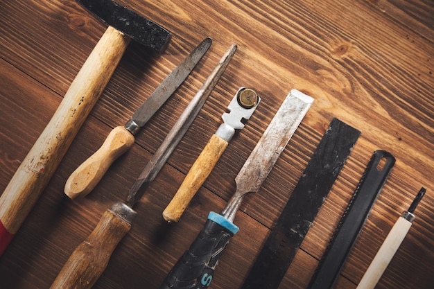 Collection of vintage carpentry tools on workbench