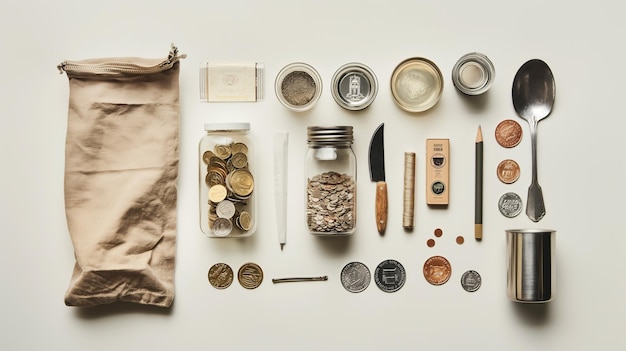 Photo a collection of vintage coins jars and assorted items neatly arranged on a light background