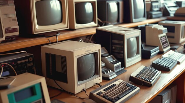 A collection of vintage computers and monitors displayed on wooden shelves in a room showcasing various models and keyboards