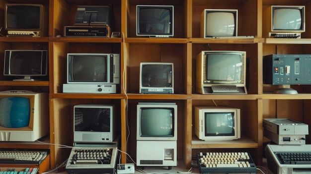 A collection of vintage computers on wooden shelves showcases the evolution of technology featuring various models and designs