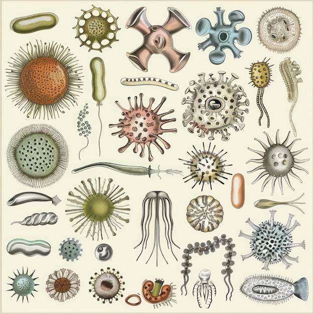 Photo collection of vintage illustrations of microscopic organisms