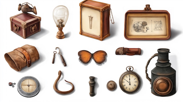 A collection of vintage items including a compass watch magnifying glass and books arranged on a whi