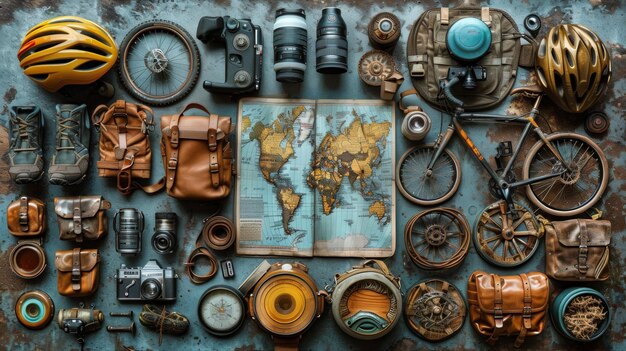 A Collection of Vintage Items on a Table Including Rusty Tools and Antique Objects