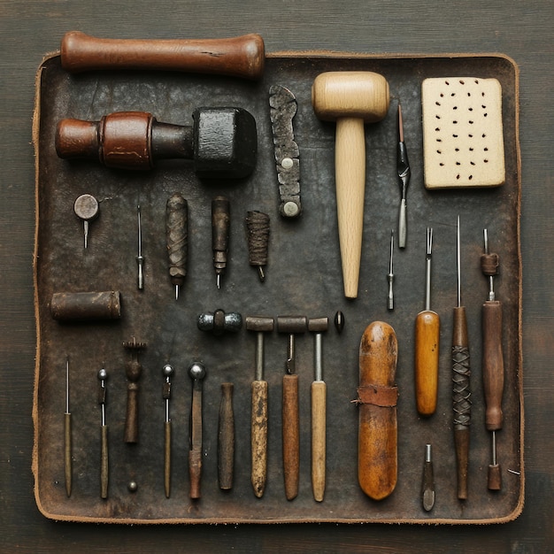 A collection of vintage leatherworking tools arranged on a brown leather tray