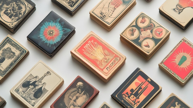 A collection of vintage matchbooks displayed on a light solid color background showcasing various designs and patterns