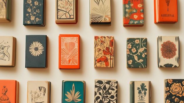 A collection of vintage matchbooks displayed on a light solid color background showcasing various designs and patterns