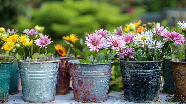 A collection of vintage metal flower pots with colorful daisies arranged in a garden