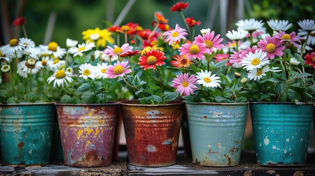 A collection of vintage metal flower pots with colorful daisies arranged in a garden