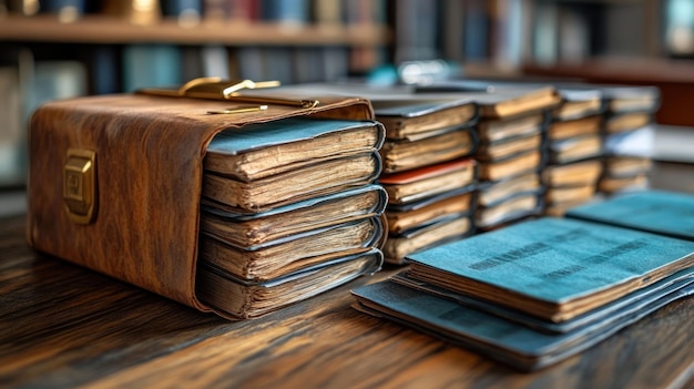 Photo a collection of vintage notebooks and folders on a wooden table