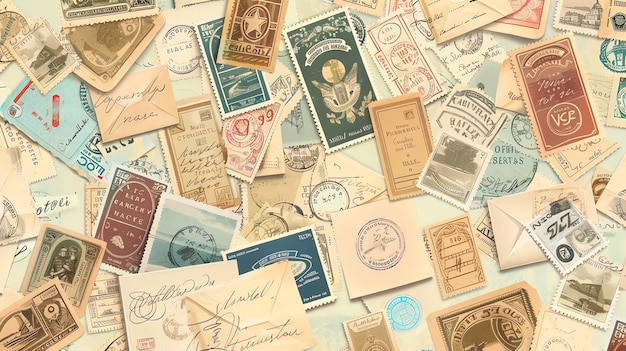 A collection of vintage postage stamps and envelopes with faded colors