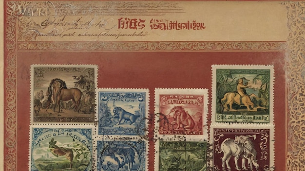 Collection of vintage postage stamps with illustrations