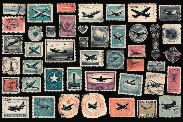 Photo collection of vintage postal stamps and postmarks featuring airplanes hearts and text