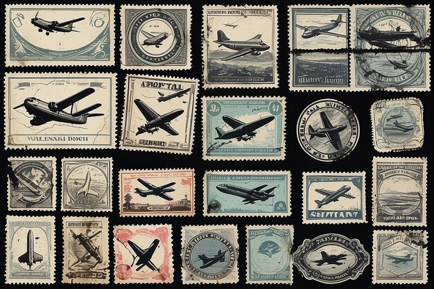 Photo collection of vintage postal stamps and postmarks featuring airplanes hearts and text