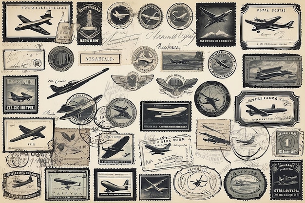 Photo collection of vintage postal stamps and postmarks featuring airplanes hearts and text