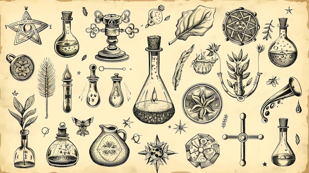 Photo a collection of vintage style alchemy and witchcraft illustrations including beakers plants and tools