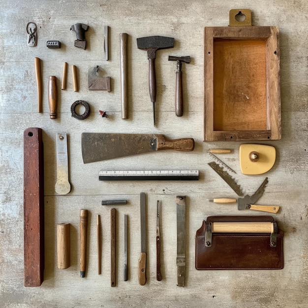 A collection of vintage tools arranged on a rustic wooden background