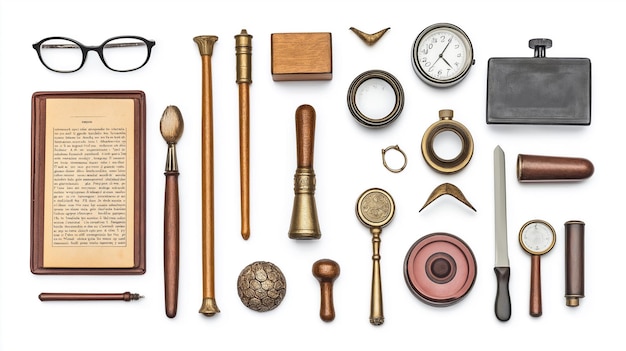 A collection of vintage tools and gadgets neatly arranged on a white background showcasing historica