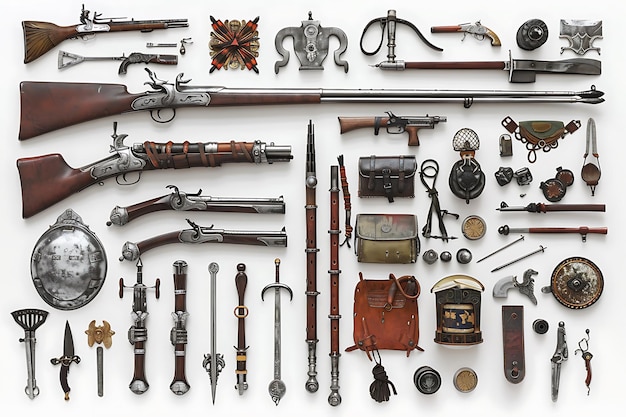 Photo collection of vintage weapons and accessories on white background